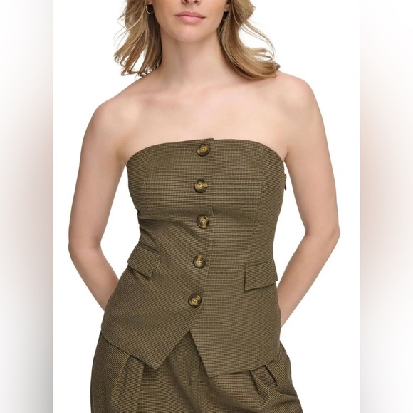 CALVIN KLEIN Houndstooth Button Front Strapless Top Coffee Bean Multi Size 10 - Picture 1 of 12